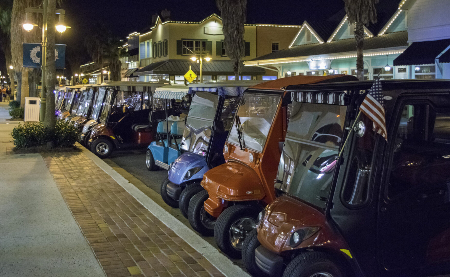 Golf Carts Parked in a Row in The Villages, Florida.